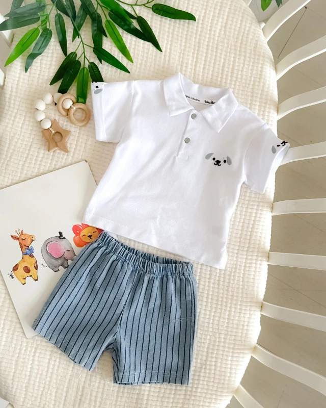 Çizgili örme kot kumaş şortlu yazlık 2 parça erkek bebe takım 