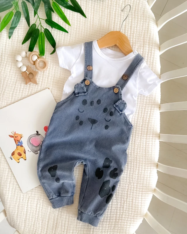 Tiger desen paçalarda bant detay örme kot kumaş yazlık 2 parça salopet set 