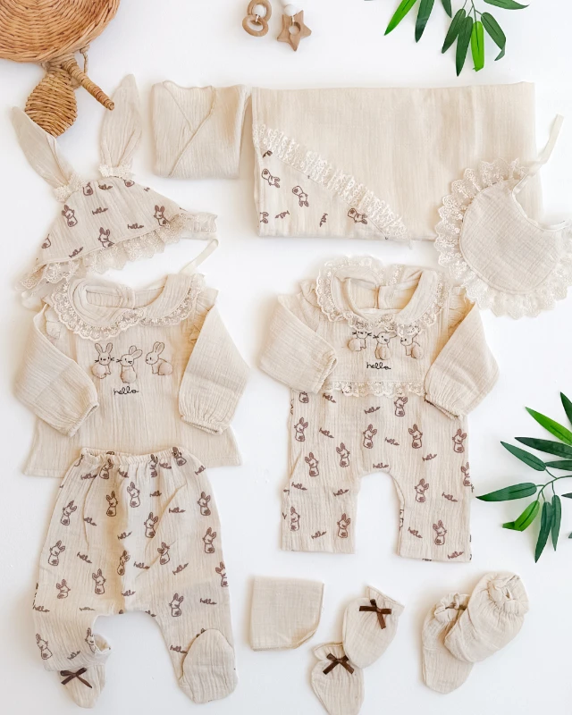 Hello rabbit muslin kumaş 10 parça yenidoğan set 