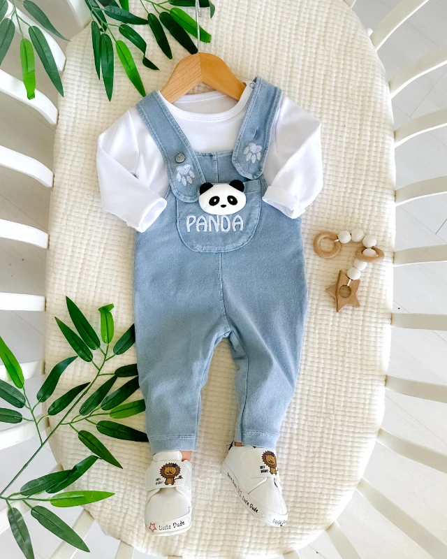 3d panda figürlü örme kot kumaş mevsimlik 2 parça salopet set 