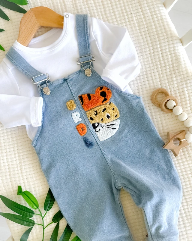 Renkli tiger nakışlı örme kot kumaş salopet mevsimlik 2 parça set 