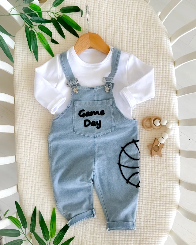 Game day işlemeli örme kot kumaş mevsimlik 2 parça salopet set 