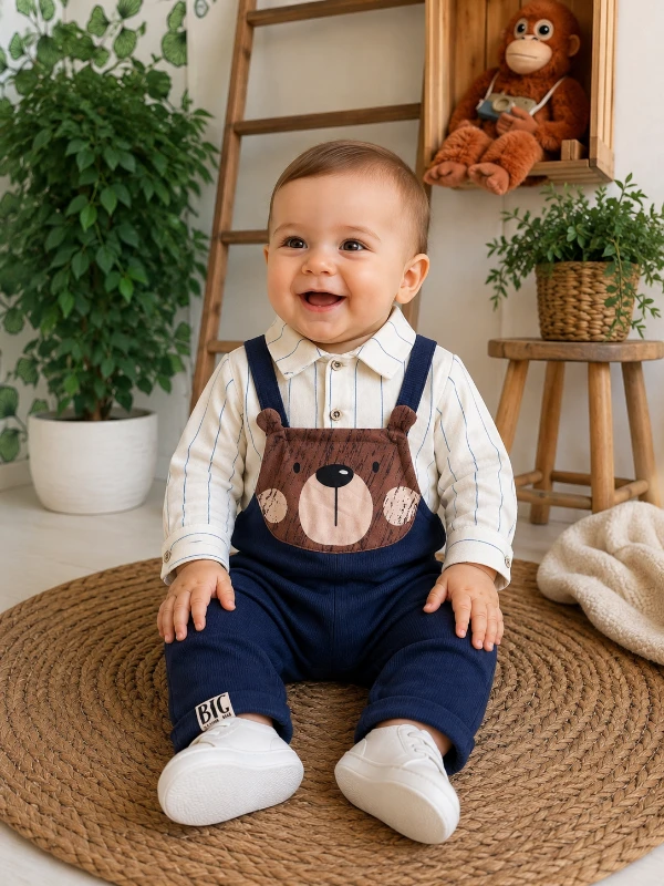 Ayıcık figürlü keten gömlekli kadife salopetli mevsimlik 2li erkek bebe takım