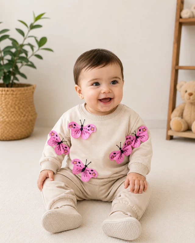 Uçuşan kelebekler detaylı mevsimlik 2li kız bebe takım
