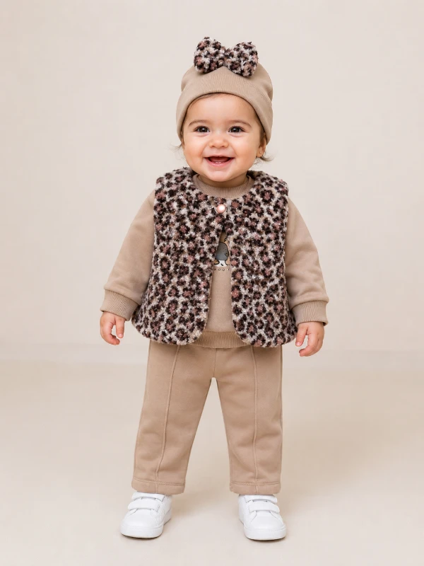 Leopar desen buklet kumaş yelekli şardonlu kışlık 4 parça takım 