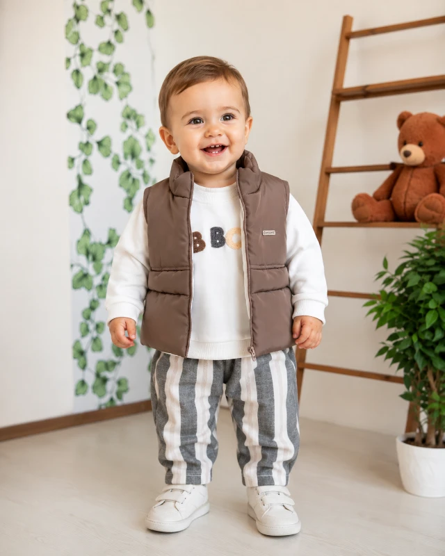 Cool boy çizgi desen keten pantolonlu mevsimlik 3 parça takım 