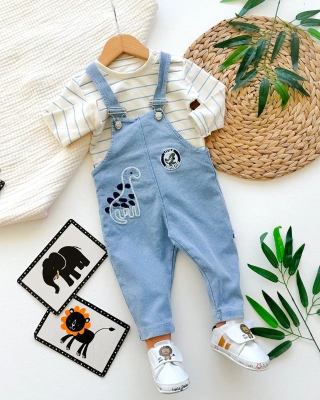 Little dinasour çizgili tshırt örme kot salopetli mevsimlik 2 parça set ( ayakkabı dahil değildir)