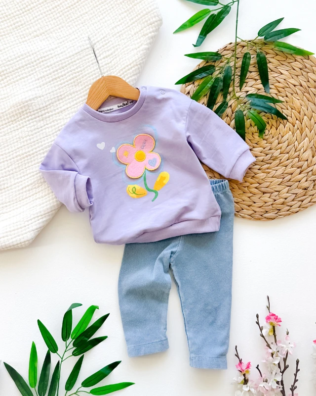 Renkli çiçek figürlü örme kot taytlı mevsimlik kız bebe 2 parça takım 