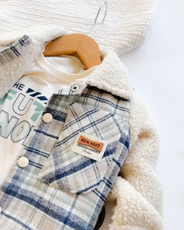 Ekose desen peluş ceketli gabardin pantolonlu premium kışlık 3 parça takım 