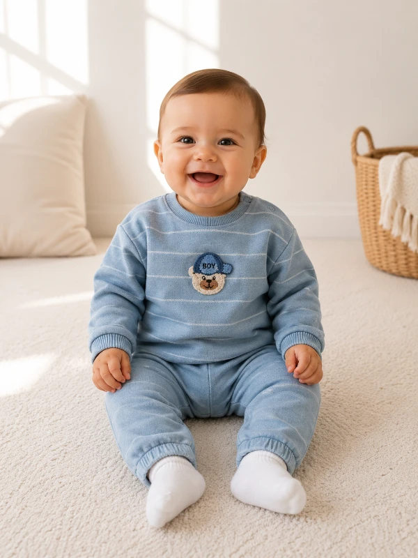 Boy bear nakış örme kot detay mevsimlik 2li erkek bebe takım