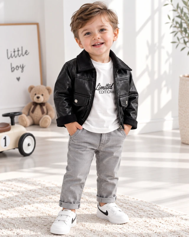 Deri ceketli premium 3lü erkek bebe bayramlık dış giyim takım
