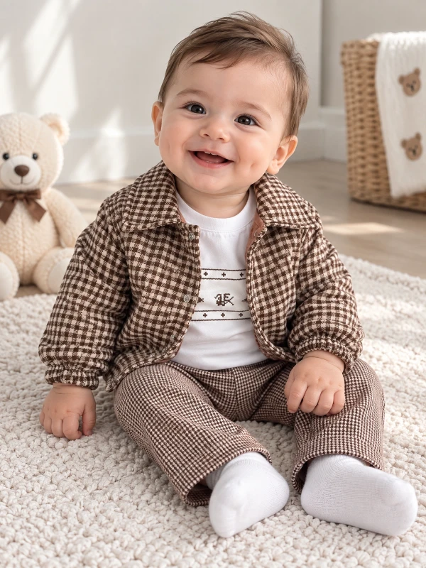 Ekose detaylı mevsimlik erkek bebe 3lü takım