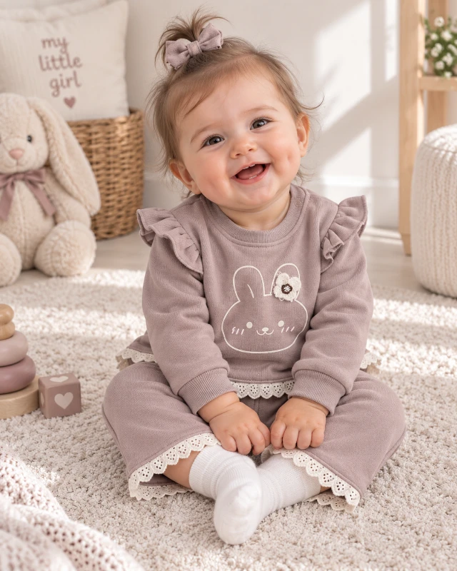Tavşan detay omuzdan çıtçıtlı şardonlu kışlık 2 parça bebe takım 