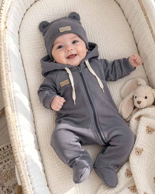 Ayıcık bereli boydan fermuarlı kışlık erkek bebe tulum