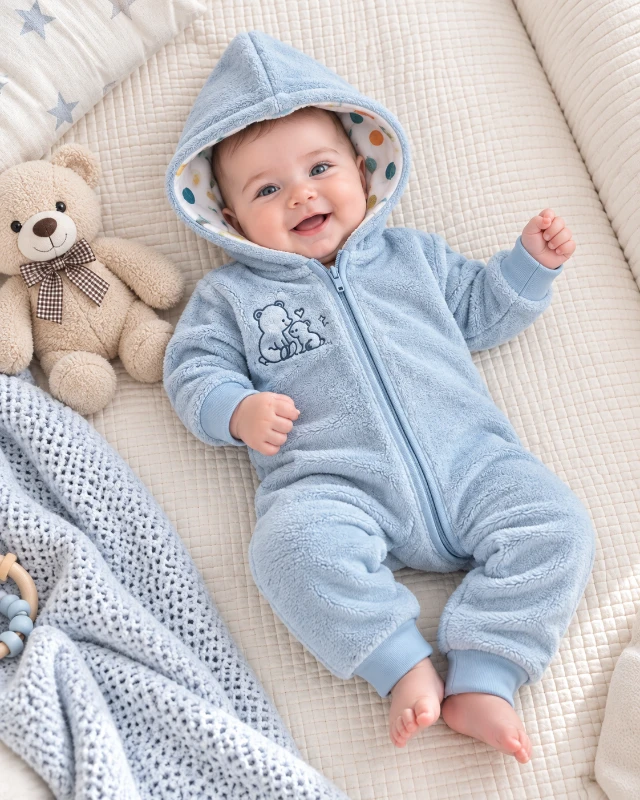 Ayıcık nakışlı kapüşonlu boydan fermuarlı kadife bebe tulum