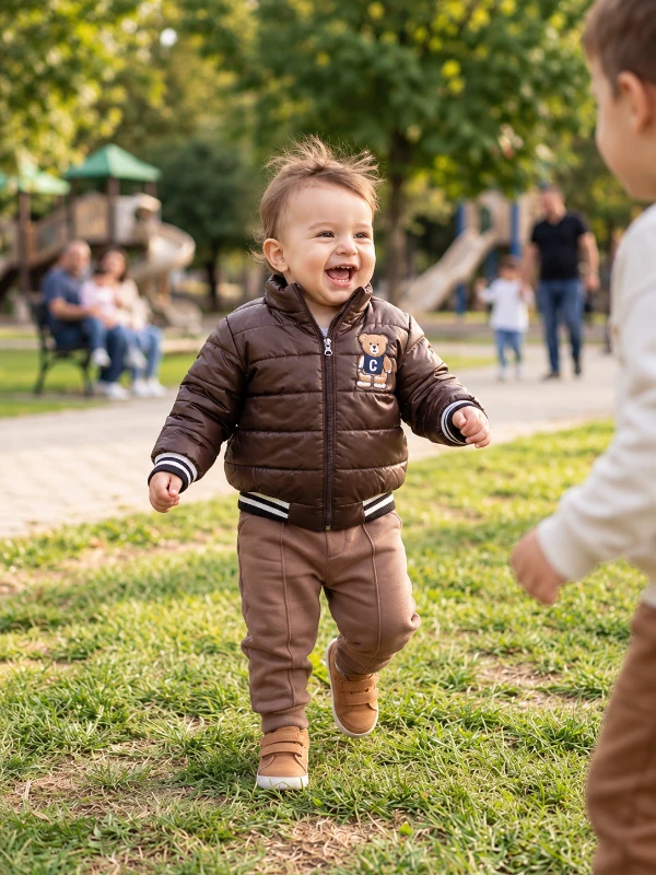 Ayıcık nakışlı şişme montlu şardonlu kışlık 2li erkek bebe takım