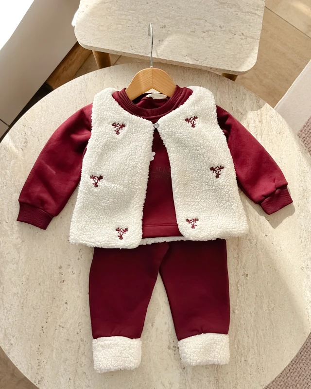 Nakış detay kürk yelekli şardonlu kışlık 3 parça bebe takım 